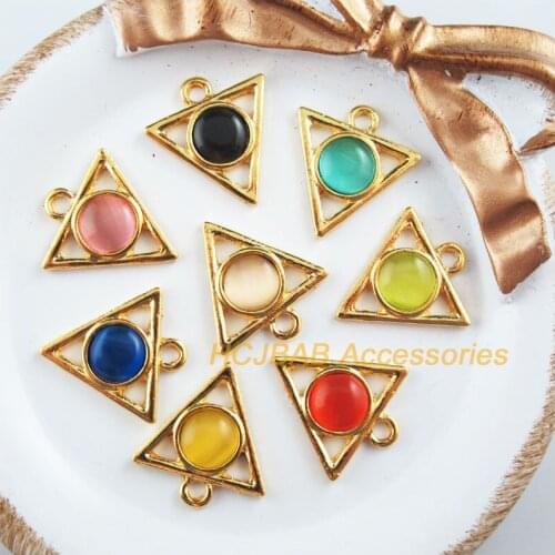 8 New Triangle Charms Gold Color Cat eye Stone Mixed Pendants 19.5x21.5mm