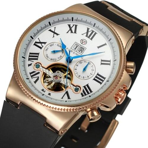 Forsining Tourbillon Automatic Mechanical Watch Silicone Strap Rose Gold Case Roman Numeral Display Man Clocks Relogio Masculino