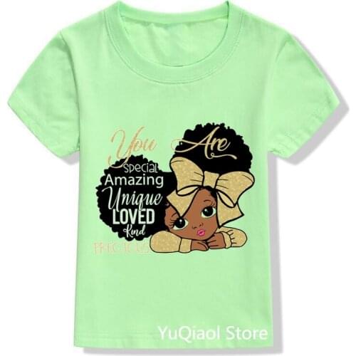Glitter Bow Black Girl Magic T-Shirt Lovely Childrens Tshirt Pink/Yellow/Green T Shirt Cute Melanin Princess Kids Clothes Tops