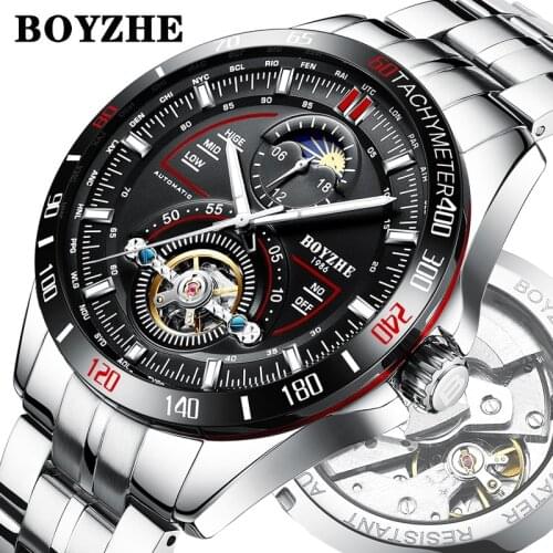 Men Automatic Mechanical Fashion Top Brand Sport Watches Tourbillon Moon Phase Self-Wind Stainless Steel Watch Relogio Masculino