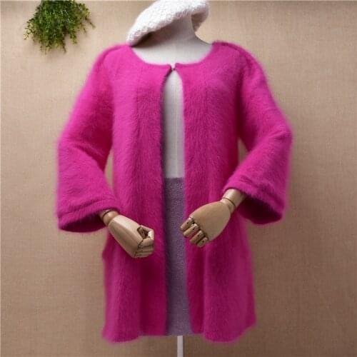 Ladies women fashion pull rose hairy mink cashmere knitted three quarter sleeves slim cardigan mantle angora jacket coat sweater