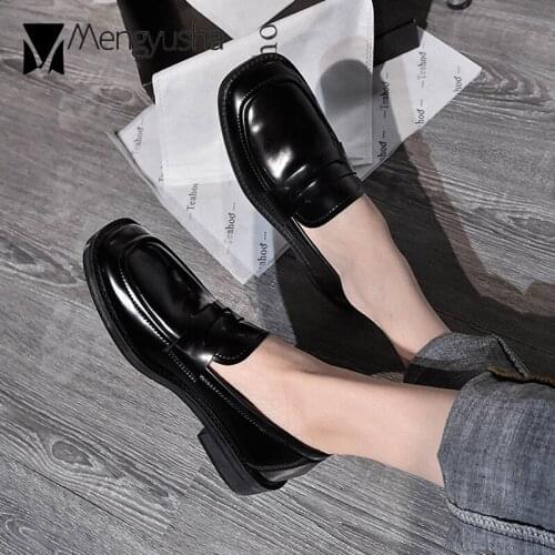 Preppy Girls Oxford Shoes Ladies Casual Slip On Small Leather Shoes Solid Leather Flats Women Square Toe Low Heels Bullock Shoes