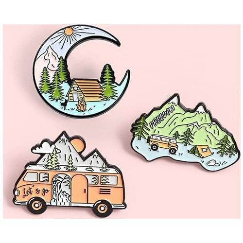 Go Camping Enamel Pins Custom Mountain Moon Tent Motorhome Brooches Shirt Lapel Badge Bag Outdoors Jewelry Gift for Kids Friends