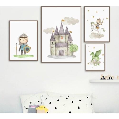 Cartoon Canvas Painting Knight Evil Dragon Castle Poster White Horse Wall Picture for Living Room Decoration Posters and Prints
