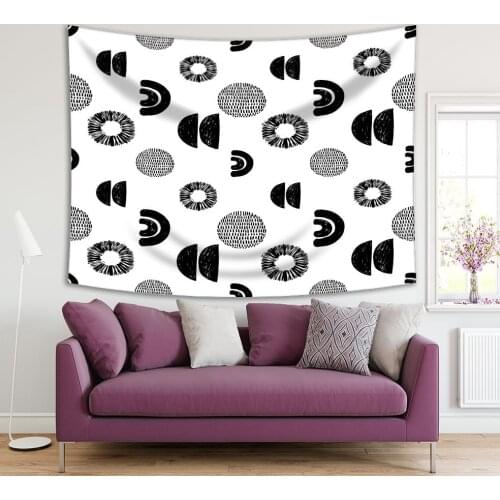 Tapestry Pattern of Sun Crescent Half Moon with Dots Lines Primitive Aboriginal Culture Tribal Art Black White