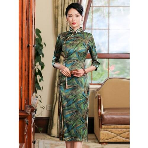 Chinese Dress Silk Cyan Green Qipao Evening Dresses Medium Long Sleeve Printed Long Cheongsam Dress Traditional Retro Cheongsams