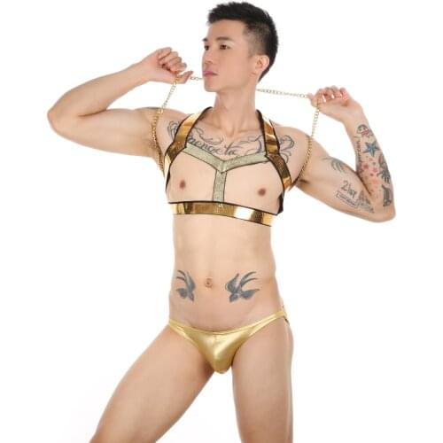 Mens Clubwear Golden Chest Muscle Harness Brief Set With Golden Necklace