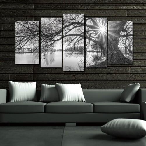 5 Pieces of Landscape Wall Art Painting At Sunrise Poster Black and White Tree Silhouette Living Room Home Decoration Frameless