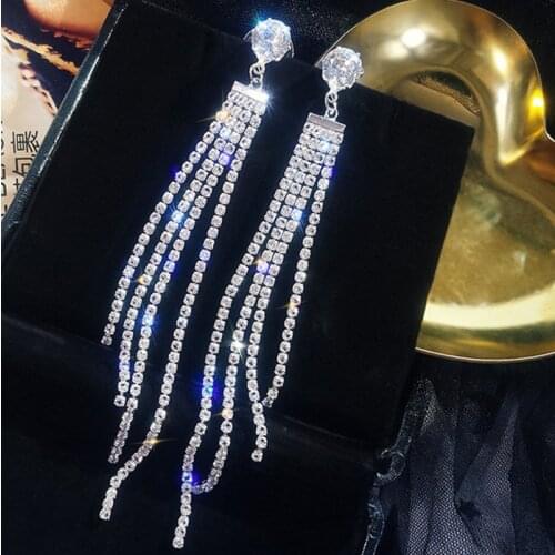 2020 Newest Long Tassel Rhinestone Dangle Earrings Chain rhinestone ear studs for Women Wedding Drop Earing Fashion Jewelry