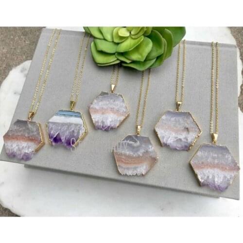 NM36619 Raw Amethyst 14k Gold Filled Boho Rough Large Hexagon Pendant Boho Chic Chunky Crystal Hexagon Gift Idea