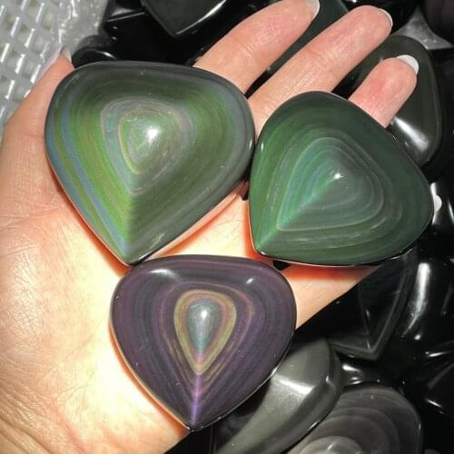 Natural Rainbow Obsidian Cat Eyes Quartz Crystal Heart Shaped Healing Home Decor