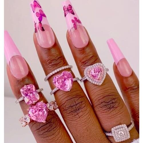 Pink Heart CZ Fashion Women Finger Rings Micro Pave Cubic Zirconia Geometric Engagement Rings