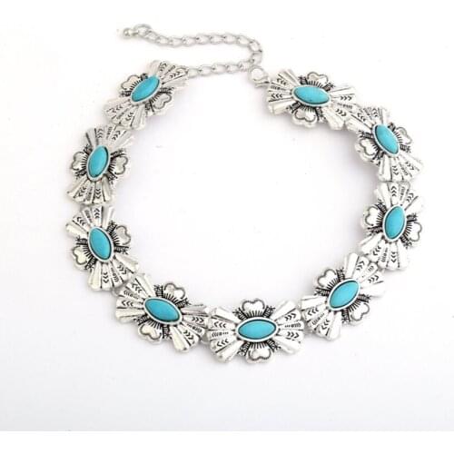 Silver Plated Alloy Decorative Pattern Stackable Green Turquoises Stone Pendant Choker Necklace for Party Gift Jewelry