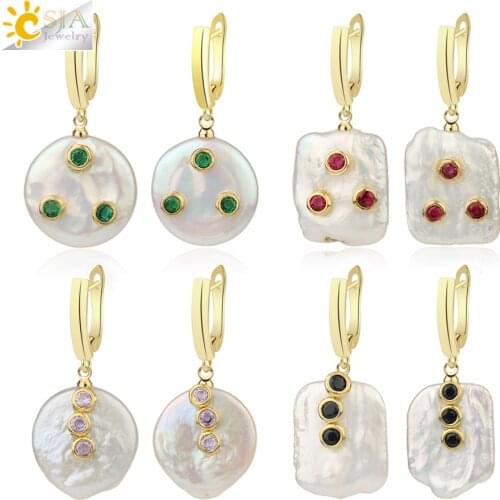 CSJA Baroque Freshwater Pearl Drop Earrings Flat Beads Rhinestone Gold-color Simple Fashion Dangle Earring for Female Party G272