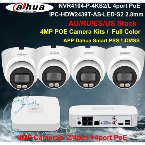 Dahua Security Camera System 4MP PoE Kits IPC-HDW2439T-AS-LED-S2 NVR4104-P-4KS2/L 4CH NVR Recorder 2/4pcs IP Camera Build in Mic