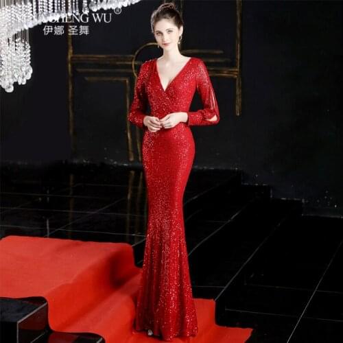 Evening Gowns For Women Sexy Long Sleeves Rear Zipper Party Dresses Floor-Length Sequined Dresses Female Robe De Soiree New Plus