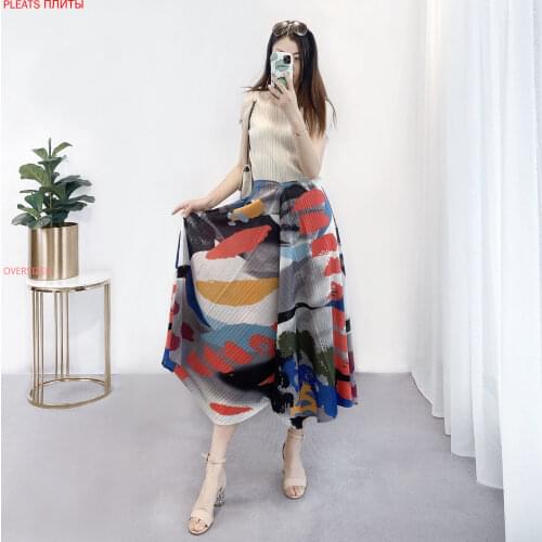 Miyake Fold Holiday Style Skirt Summer New Style Thin Commuter Printing A-line Long Skirt Female PLEATS Upe Faldas Falda Kawaii