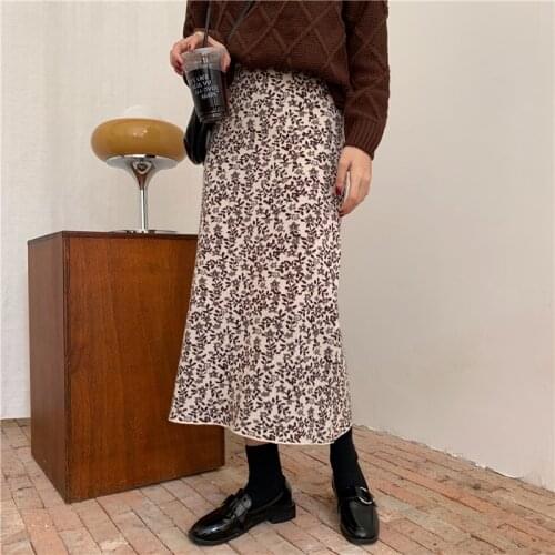 Autumn Winter High Waist Vintage Floral Print Knitted Skirt Female 2021 New OL Elegant Fashion A-line Long Skirts Womens