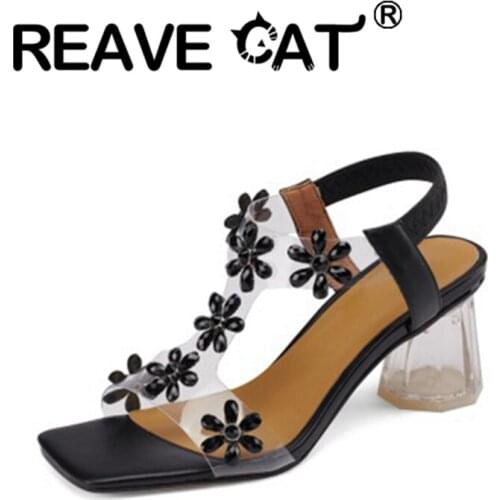 REAVE CAT 2021 Summer Sandals Flower T-Strap Open Toe Slip-On Slingbacks 6cm High Crystal Square Heels Size 33-41 Black