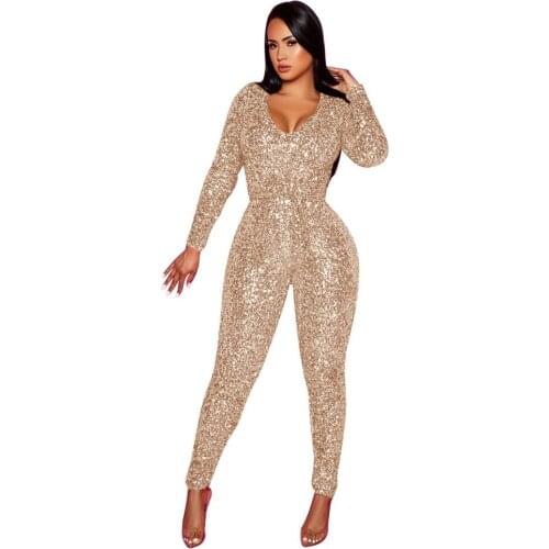 2020 Womens New Style Skinny Jumpsuit Long Sleeve Bronzing Sequins Glitter Solid Color Sexy Round Collar Ladies Party Rompers