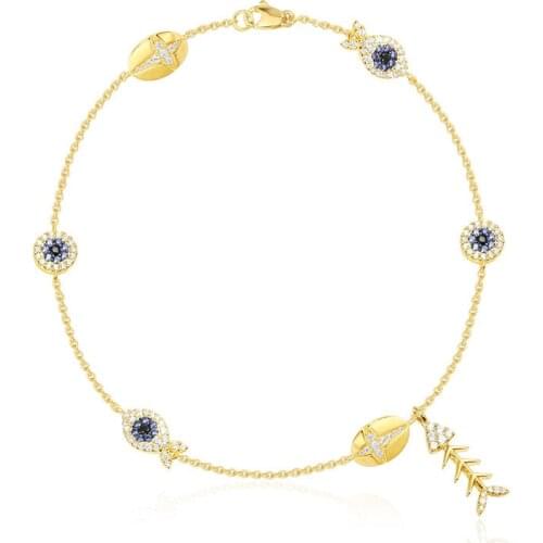 SLJEY Real 925 Sterling Silver Cubic Zirconia Yellow Gold Color Eye Fishbone Anklet Women Fine Fashion Summer Foot Jewelry