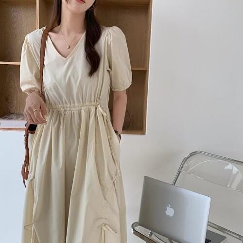 Women Summer V Neck Long Beige Dress High Waist 2021 Puff Sleeve Drawstring Waistbelt A-line Midi Sundress Solid Color