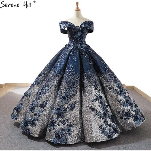 2020 Off Shoulder High-end Blue Bridal Wedding Dress New Sleeveless Sequined Sparkle Weddding Gown Real Photo 66536B