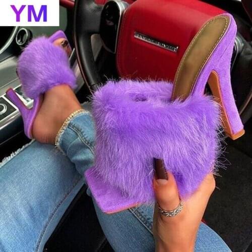 4 Colours Summer Shoes Woman Thin High Heels Fur Sandals Square Toe Mules Pumps Slides Zapatillas Mujer Casa Sapatos Femininos
