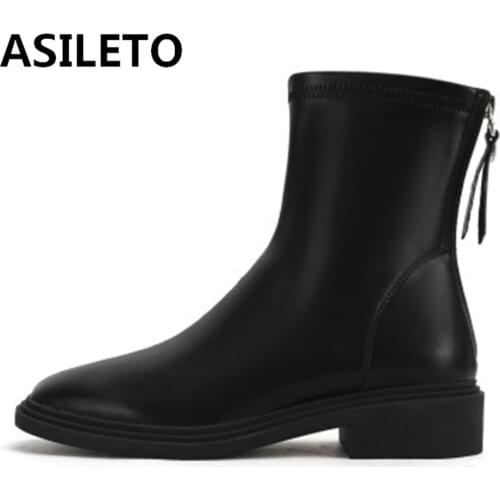 ASILETO Women Shoes Boots Ankle 2021 Autumn British Wind Genuine Leather Thick With Fur Ladies Short Boots Motorcycle Zipper