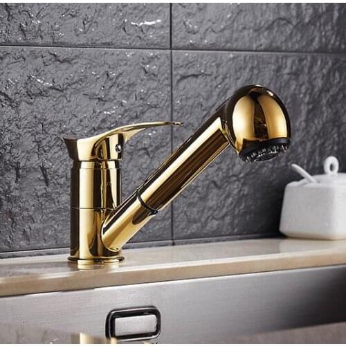 Free Shipping Gold Kitchen faucet brass faucet hot and cold sink tap Water Tap with pull out shower head Kitchen Mixer