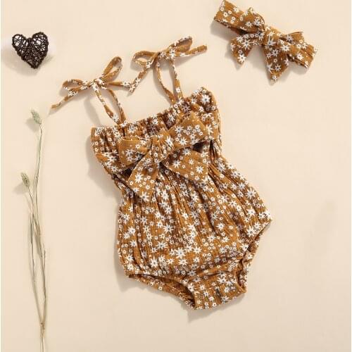 Cute Casual Summer Baby Girls Bubble Cotton Jumpsuit Khaki Boat Neck Sleeveless Romper and Headdress Toddler Girls Clothes