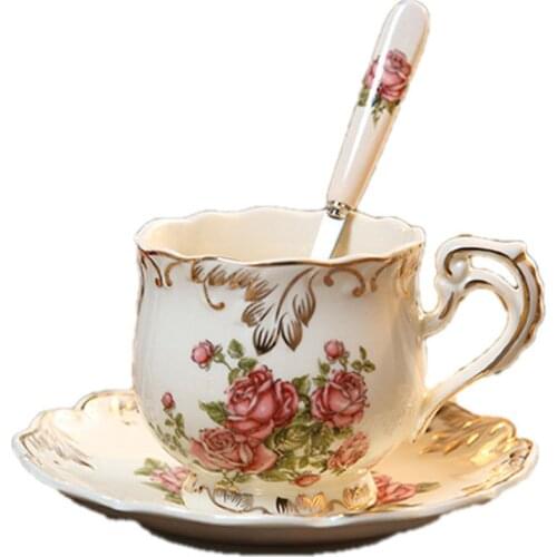 Hot selling European ceramic coffee cup set water cup cup saucer hand-painted rose ceramic tea cup and spoon afternoon tea gift