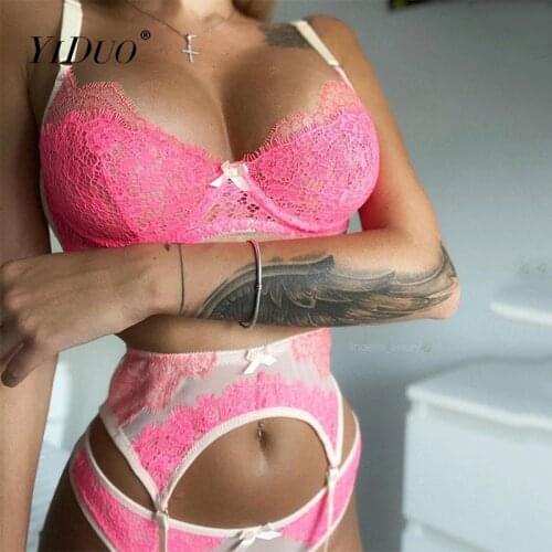 YiDuo Lingerie Set Lace Underwear Women Sexy Transparent Bra Garter 3 Piece Set Underwire Lenceria Ladies Pink Brief Sets Club