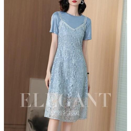 Lace two-piece dress with suspenders 2019 new summer T-shirt dress in long style