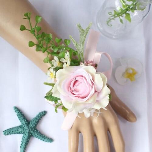 Lovegrace Wedding Women Boutonnieres and Wrist Corsage Green Plant Hand Flowers Bride Wrist Flower Pink Bridal Bouquet Accessory