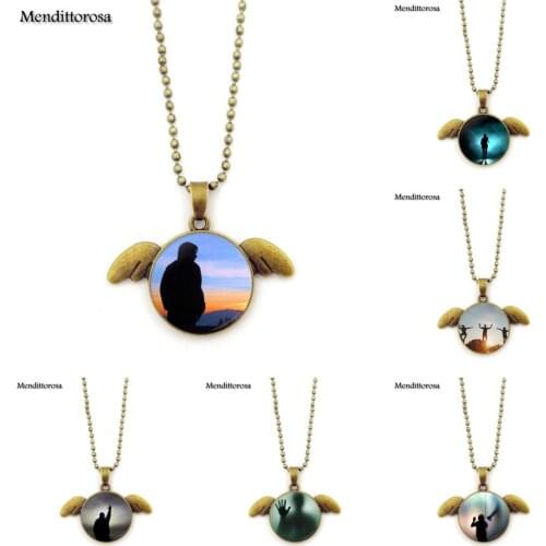 Mendittorosa Men Shadow Vintage Fashion Glass Bronze Angel Wings Pendant Necklaces Jewelry Handmade Necklace For Girl