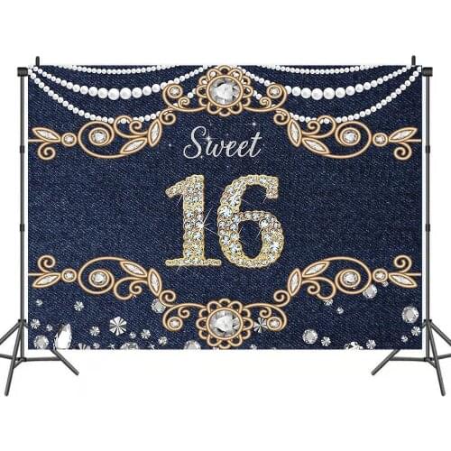 Happy Birthday 16 Year Old Sweet Navy Blue Backdrops Photo Background House Decorations for Teenager Party Photography Props