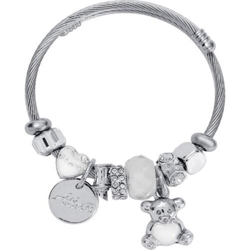 Fashion Bear Charm Bracelet DIY Style Lady Jewelry High Quality Open Size Stainless Steel Bracelet