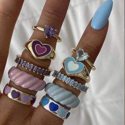 Enamel Colorful Rings Set INS Fashion Heart Candy Color Metal Heart For Women Vintage Drip Oil Rings Finger Jewelry Set