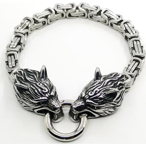2020 new viking wolf bracelet stainless steel double wolf head titanium steel emperor chain bracelet chain 21cm viking jewelry