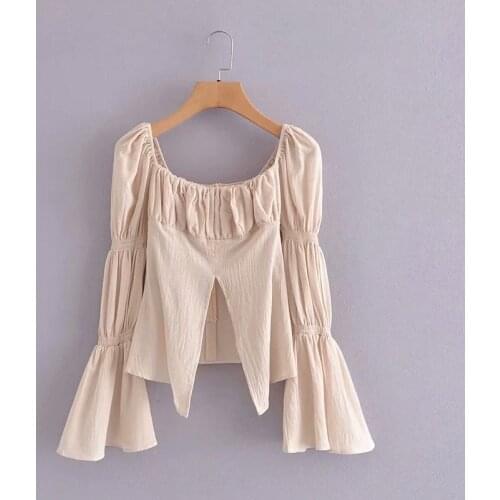 2021 Summer new Amazon European and American womens lotus sleeves in the middle of the open-top dlsy955