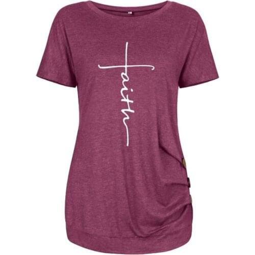 Solid Color O Neck Short Sleeve Letters Print T Shirt Women Button Decoration Tops Ladies Casual Loose Mid Length Tees