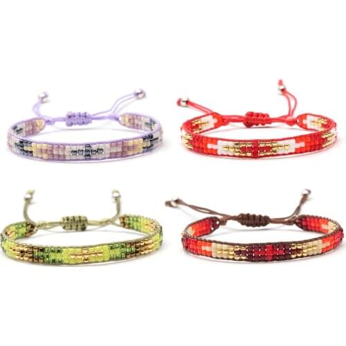 Boho Japan Miyuki Glass Seed Bead Cross Woven Single Wrap Bracelet Women Men Waxed String Slide Knot Adjustable Jewelry Present