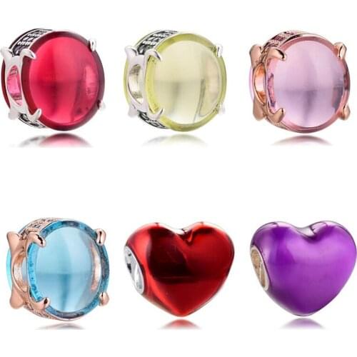 Fit Pandora Bracelets Rose Green Purple Cabochon Heart Charms 925 Original Sterling Silver Beads for Jewelry Making DIY Women
