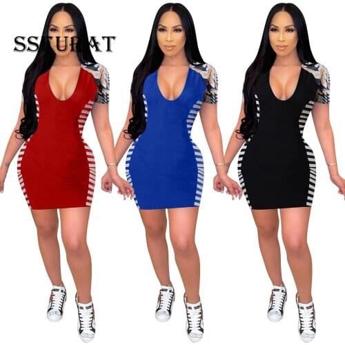 SSEURAT 2021 Women Mini Dress Patchwork V-neck Sheath Elastic Bodydon Dresses Sexy Night Club Dress Summer