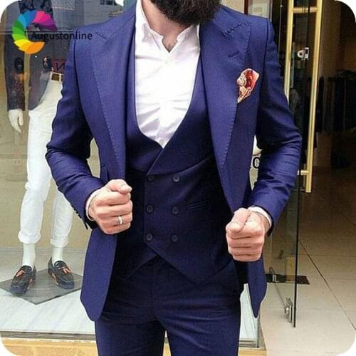 Navy Blue Mens Classic Suits for Wedding Wide Peaked Lapel Slim Fit Terno Masculino Groomsmen Suit Man Blazer 3Piece Costume