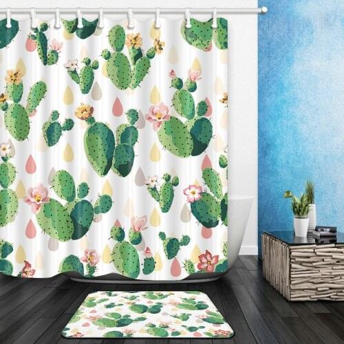 Cactus Shower Curtains Set Watercolor Desert Plant Flower Bathroom Decor Home Bathtub Curtain and Flannel Mat Carpet Cheap