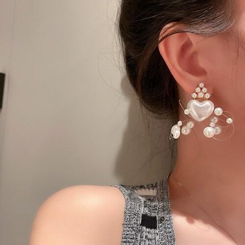 925 Silver Needle Fish Line Pearl Tassel Drop Earrings Temperament Simple Love Heart Earring for Women Wedding Korean Jewelry