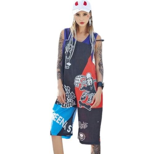 Female Summer Sleeveless Camisole Playsuits Ladies Harajuku Fashion Letter Cartoon Print Rompers Plus Size Loose Jumpsuits Z215