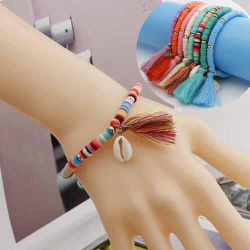 Multicolor Handmade Bohemian Simple Ethnic Shell Tassel Women Bracelet Colorful Soft Ceramic Beads Bracelets for Summer Jewelry